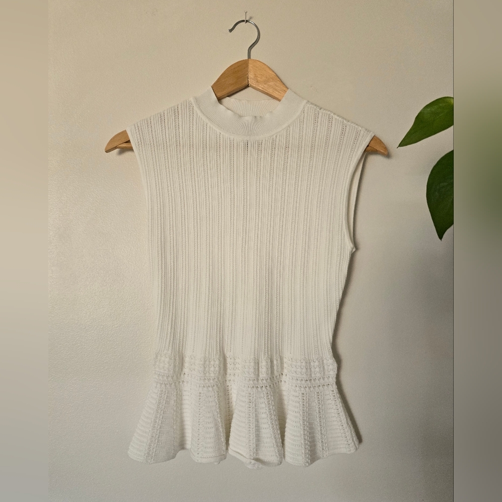 White House Black Market Womens XS mock Neck Sleeveless White Knit Peplum Top - Picture 2 of 7